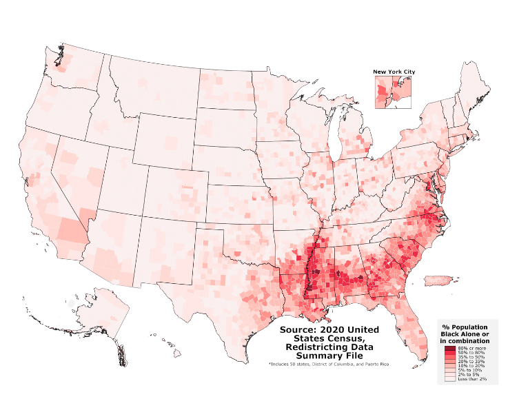 Map of black populations in America